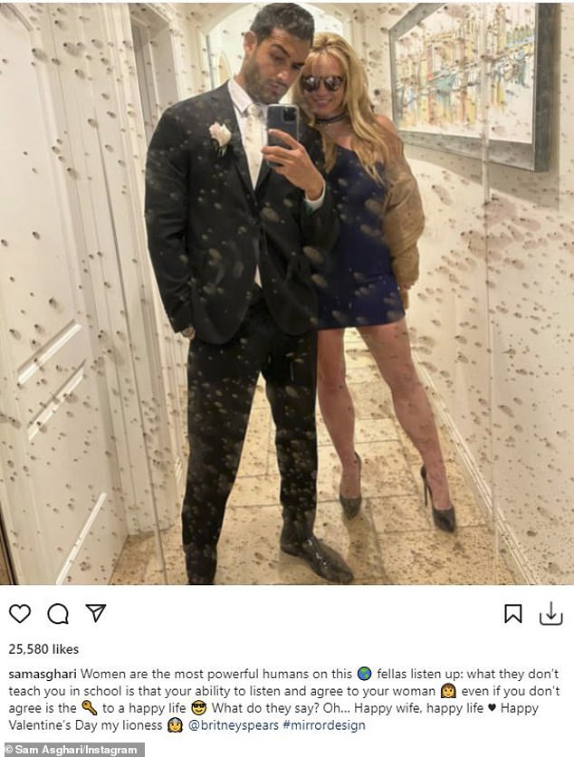 So cute: He often refers to her as his 'wife' on Instagram, which makes it unclear if the engaged couple actually walked down the aisle.  And on Monday, Sam Asgari shared a photo of himself with Britney Spears, 40, taking a cute selfie in the mirror, referring to her again as his 'wife'.