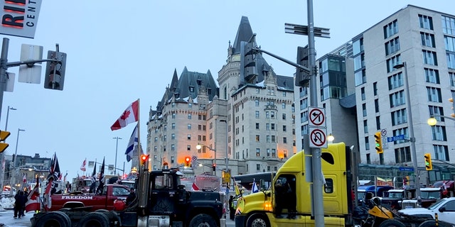 Trucks block roads in downtown Ottawa.