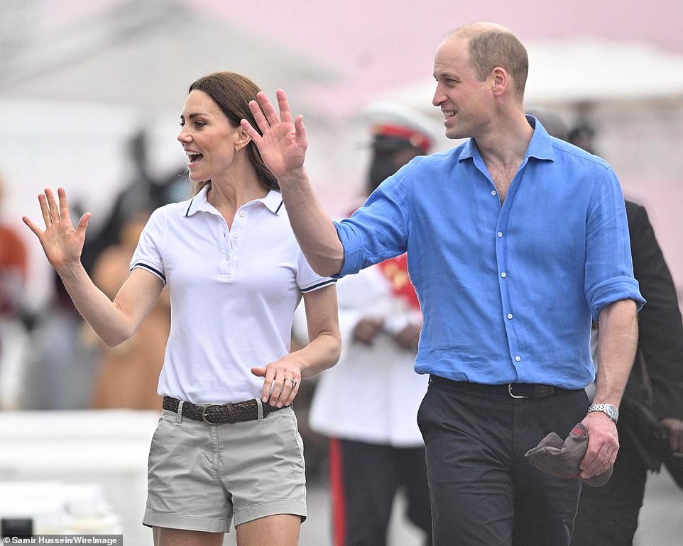 William and Kate wave to the excited crowd as they attend The Bahamas Platinum Jubilee Sailing Regatta in Montagu Bay