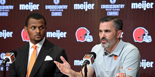 Cleveland Browns coach Kevin Stefansky speaks during a press conference introducing quarterback Deshaun Watson at the Cross Country Mortgage campus on March 25, 2022 in Berea, Ohio.