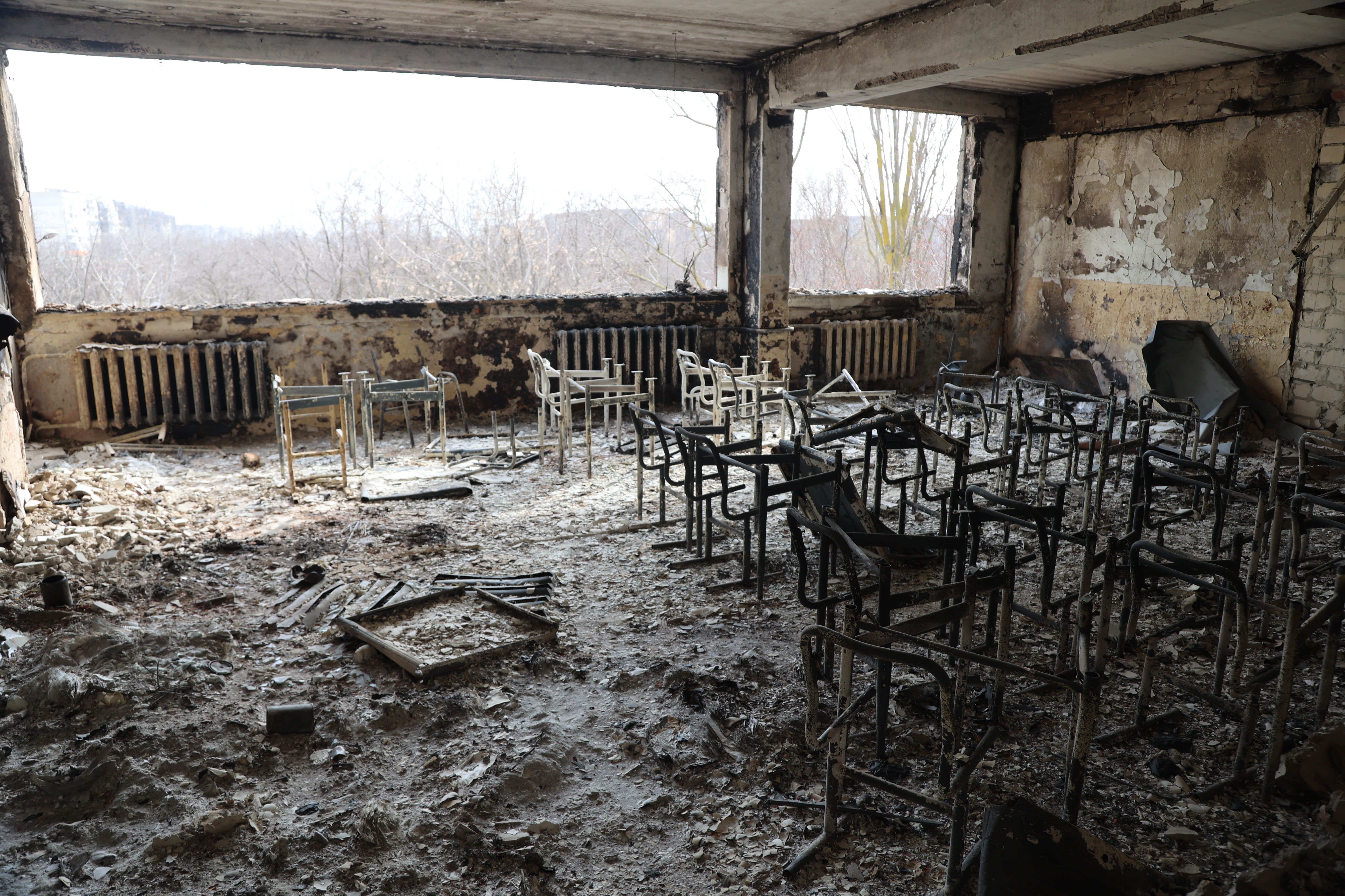     A view of the damaged school after the bombing of the Ukrainian city of Mariupol, which is under the control of the Russian army and pro-Russian separatists, on March 29.