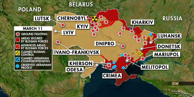 The map shows the Russian invasion of Ukraine as of Friday, March 11, 2022. 