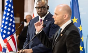 US Defense Secretary Lloyd Austin (left) and Slovak Defense Minister Jaroslav Nad (right) hold a joint press conference about their meeting in Bratislava moments earlier.