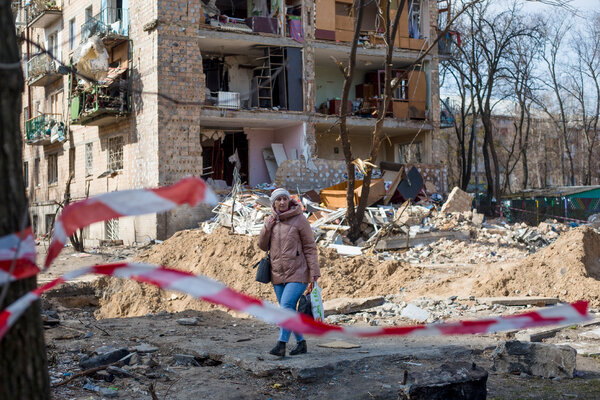 A building that was damaged by a rocket strike earlier this month in Kyiv, Ukraine, on Monday.
