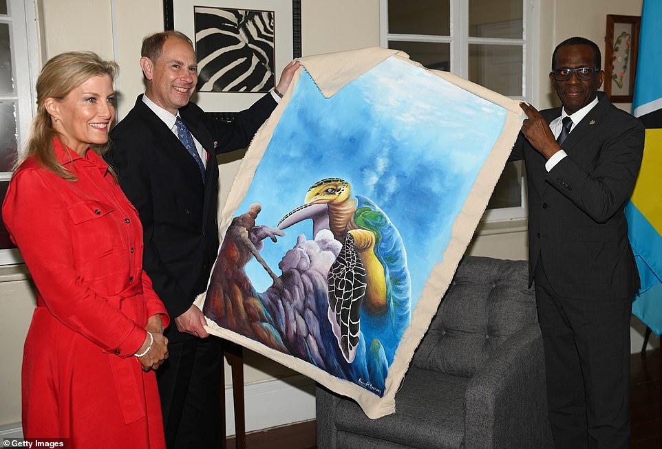 They exchange gifts with Monsieur Pierre The Earl and Countess of Wessex gave a watercolor of a tortoise
