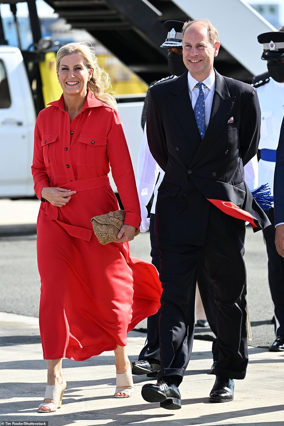 Prince Edward and Sophie Wessex, pictured here at Hewanorra International Airport, began their week-long tour of the Caribbean in St. Lucia on Friday
