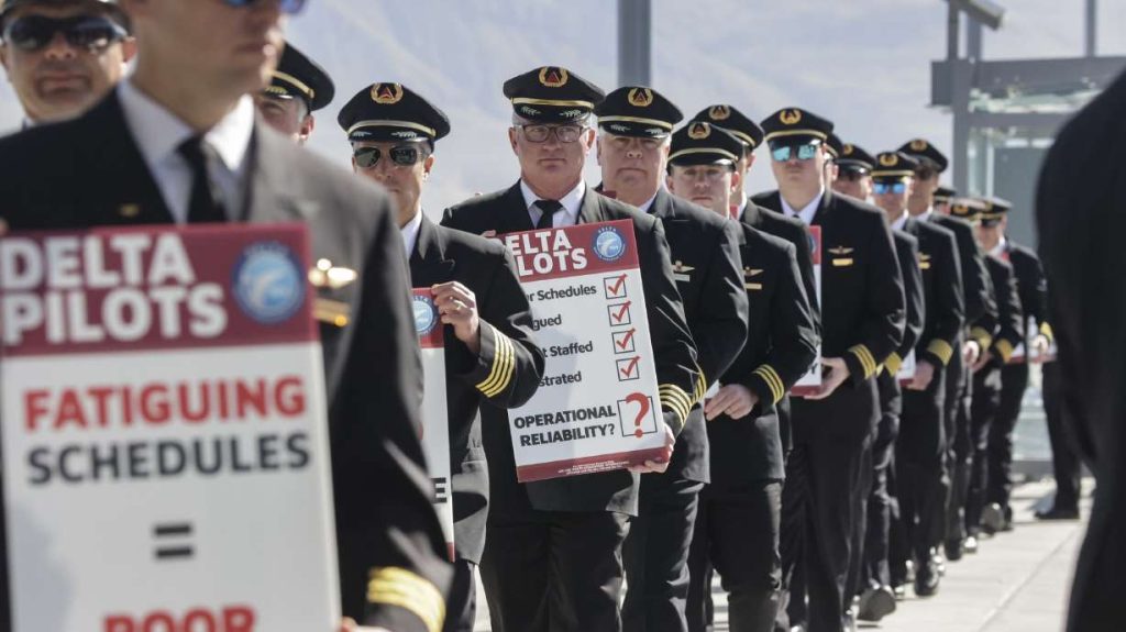Delta pilots picket at Salt Lake City International Airport in Salt Lake City on Thursday. The pilots are protesting Delta management’s scheduling practices, which they say have caused pilots to fly long and often fatiguing trips.