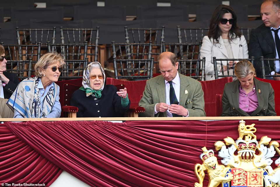 The Queen sits with Prince Edward and Sophie as she attends her first public engagement since she lost the Queen's speech