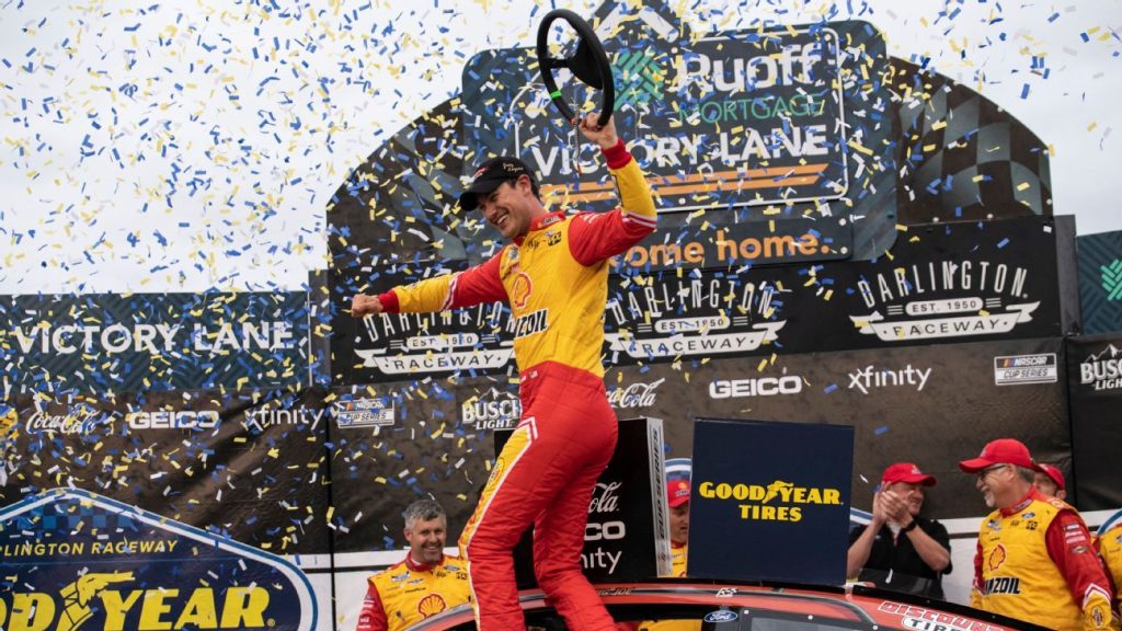 Joey Logano collides with William Byron late to win the Goodyear 400 at Darlington Raceway
