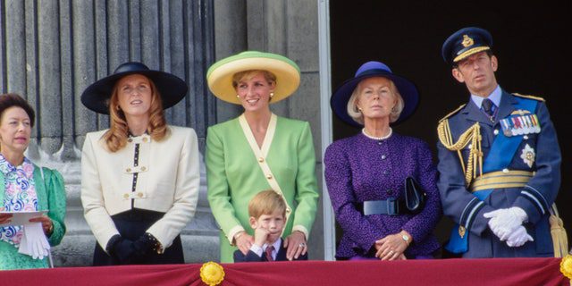 Princess Margaret, Sarah, Princess Diana with Prince Harry, Catherine, Duchess of Kent, and Prince Edward, as members of the royal family watch as they fly past.  Prince Harry stood with his mother.
