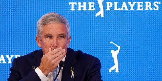 PGA Tour Commissioner Jay Monahan speaks to the media during a press conference prior to the THE PLAYERS Championship at TPC Sawgrass Stadium on March 8, 2022 in Ponte Vedra Beach, Florida.