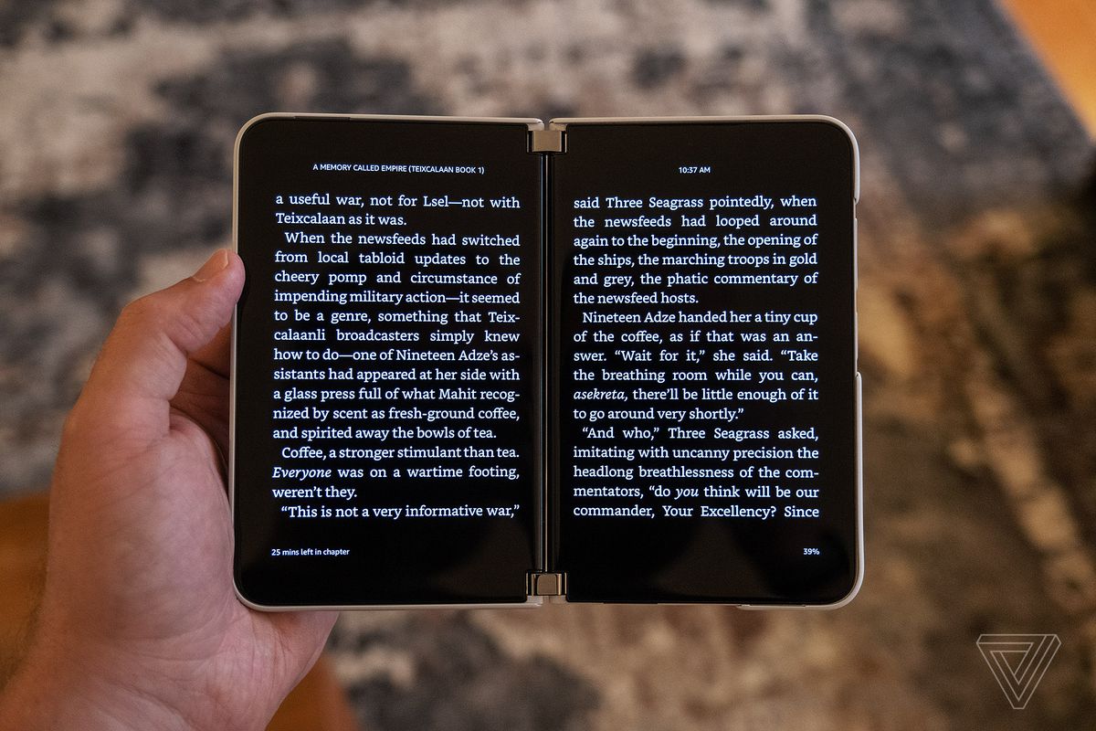 Kindle e-book spread across both screens Microsoft Surface Duo 2