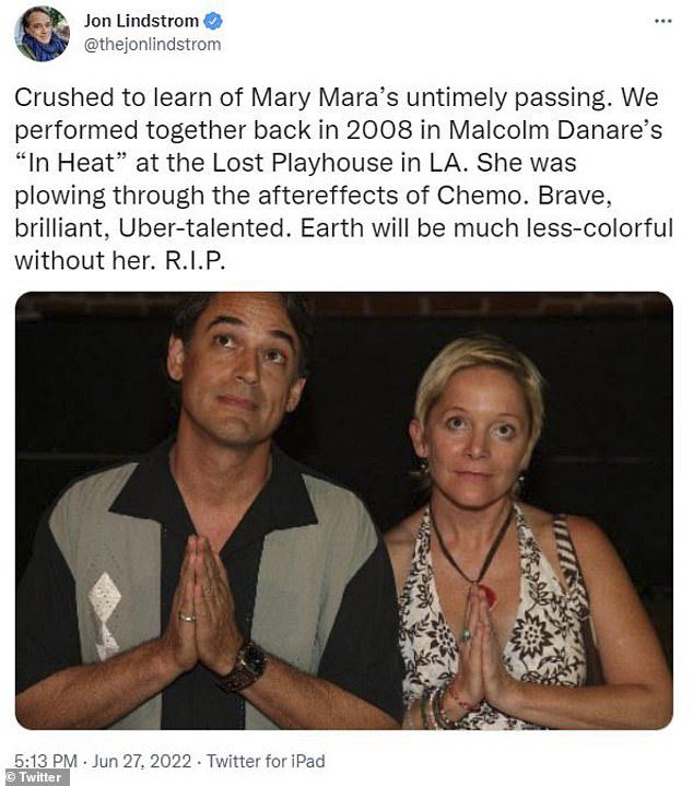 General Hospital actor John Lindstrom said he was 'crushed when he learned of Marie Mara's sudden death' along with a photo of the couple together