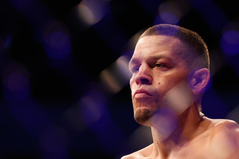 GLENDAL, AZ - JUNE 12: Nate Diaz enters the octagon to fight Jamaica's Leon Edwards during the UFC 263 welterweight bout at Gila River Arena on June 12, 2021 in Glendale, Arizona.