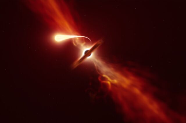 Artist's impression of a star gradually disrupted by the strong gravitational pull of a supermassive black hole.