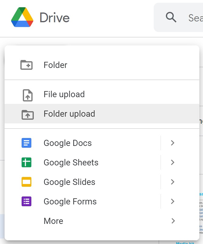 In Google Drive, you can upload your files and data by pressing the button 