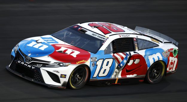 CONCORD, NC - MAY 28: Kyle Busch, driver of #18 M&M's Red White and Blue Toyota, drives during qualifying for the NASCAR Cup Coca-Cola 600 Series at Charlotte Motor Speedway on May 28, 2022 in Concord, North Carolina.  (Photo by Jared C. Tilton/Getty Images) |  Getty Images