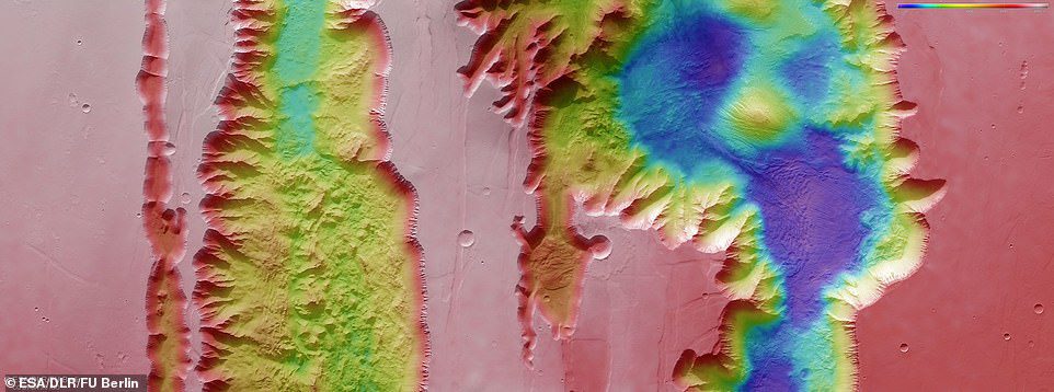 Pictured above: a color-coded topographic image showing Ius and Tithonium Chasmata, which form part of the Mars' Valles Marineris Canyon structure, created from data collected by ESA's Mars Express.