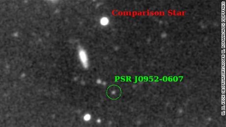 Astronomers observed a faint star (green circle) that stripped an invisible neutron star of its mass almost entirely.  The bare star is much lighter and smaller compared to the normal (higher) star.