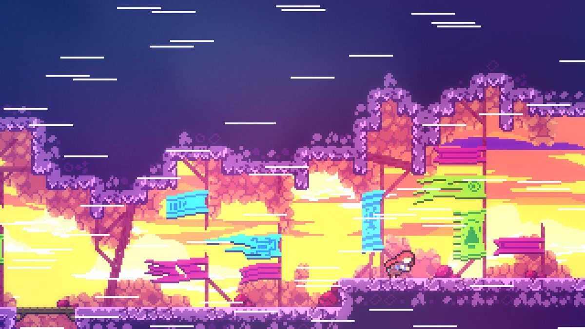 Protagonist Madeleine curbs the harsh winds in a screenshot from Celeste