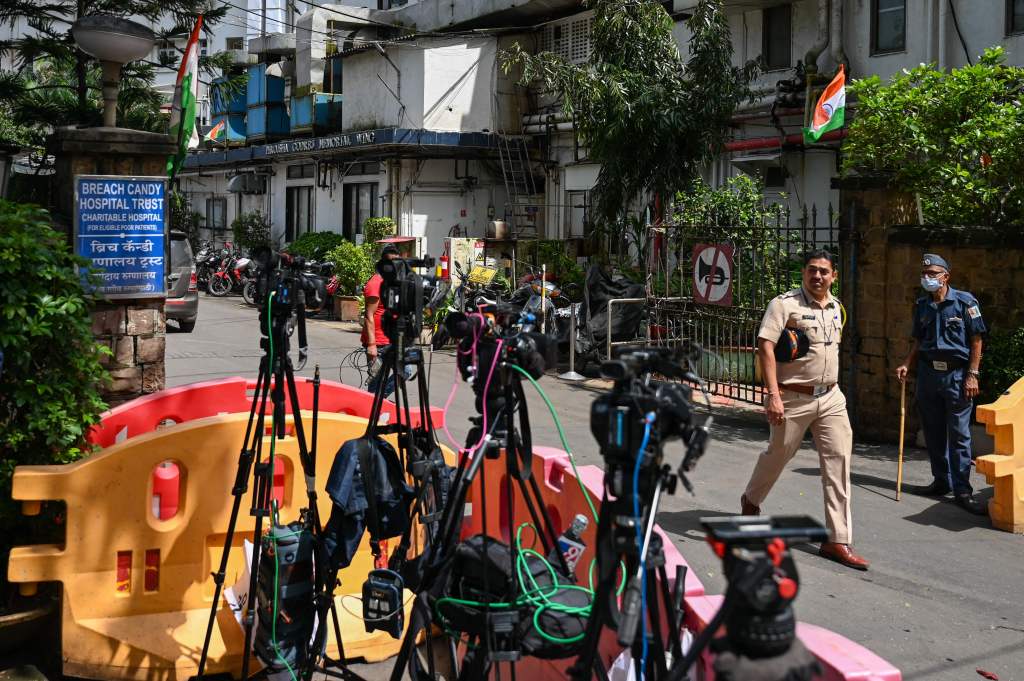 Media cameras are seen outside Breach Candy Hospital where Rakesh Jhunjhunwala was admitted to Mumbai on August 14, 2022. 