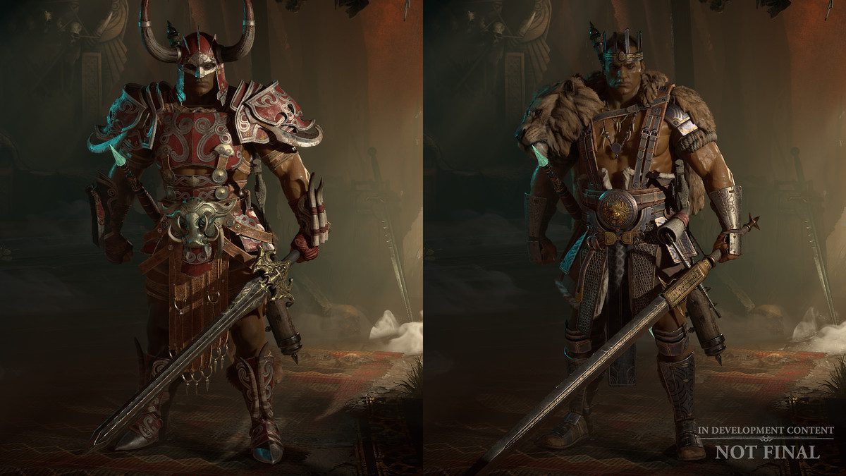 Diablo 4's barbarian wears heavy armor on the left, contrasting with a fur band on the right.  Both are very detailed