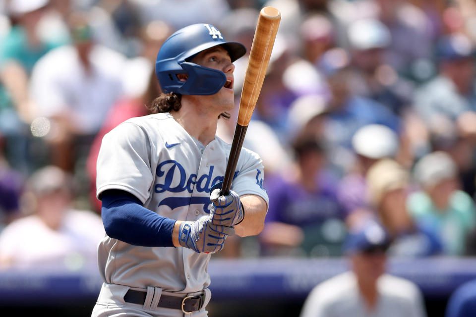 DENVER, CO - JULY 31: James Ottman of the 77th Los Angeles Dodgers scored two RBI goals in his first major league baseball debut against the Colorado Rockies in the third inning at Coors Field on July 31, 2022 in Denver, Colorado.  (Photo by Matthew Stockman/Getty Images)