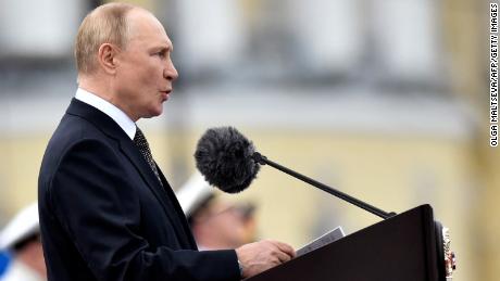 Russian President Vladimir Putin delivers a speech marking Navy Day in St Petersburg on July 31, 2022.