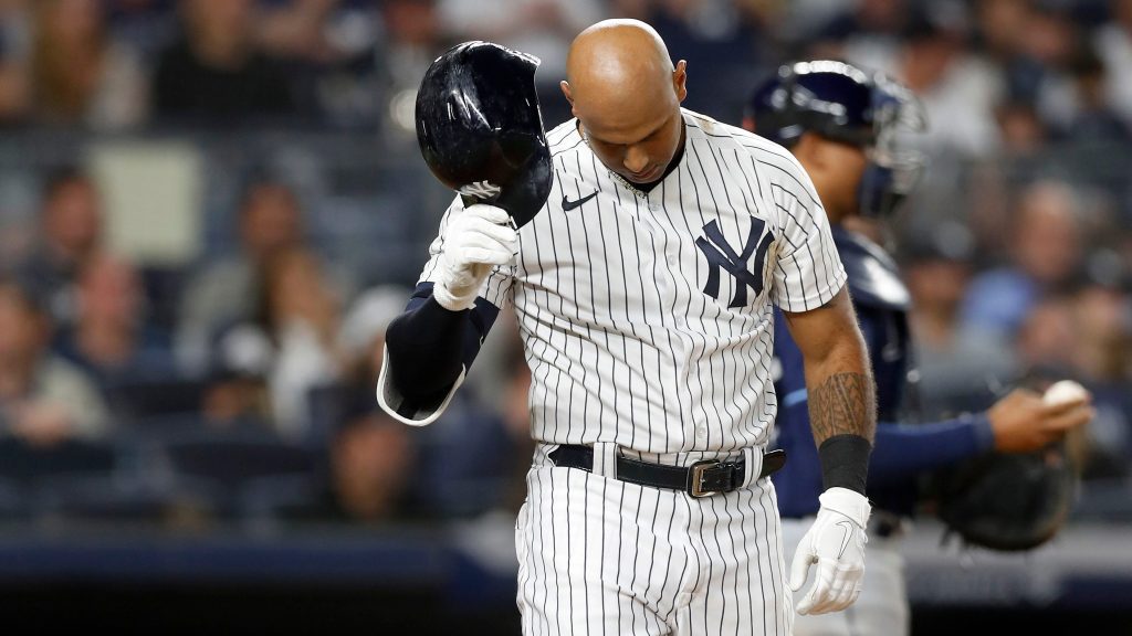 Aaron Hicks of the Yankees after a fatal error led him to run