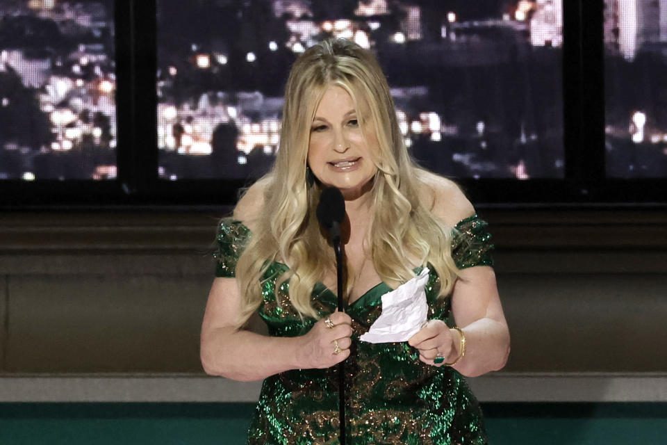 LOS ANGELES, CA - SEPTEMBER 12: Jennifer Coolidge accepts Outstanding Supporting Actress in a Series, Limited Film, or Anthology 