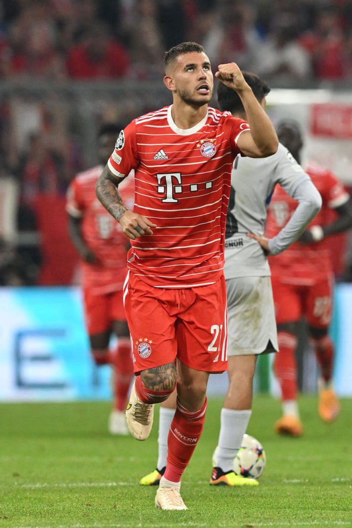Bayern Munich defender Lucas Hernandez celebrates scoring.
