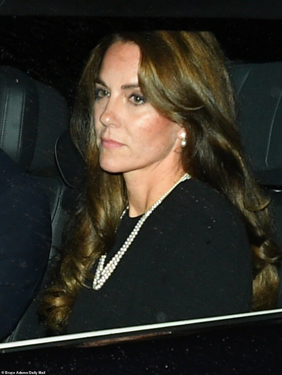Kate, who looked sad as she made her way towards central London with her husband William, wore a pearl necklace and earrings.  Her Majesty was a huge fan of pearls, which royal women traditionally wear when in mourning