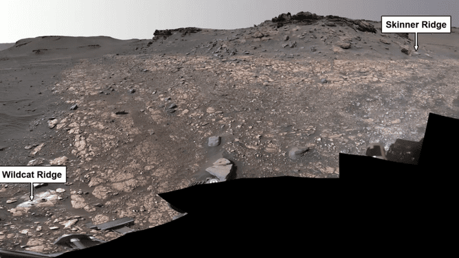 Wildcat Ridge and Skinner Ridge at the Martian Jezero Crater.  Image from NASA's Perseverance rover. 