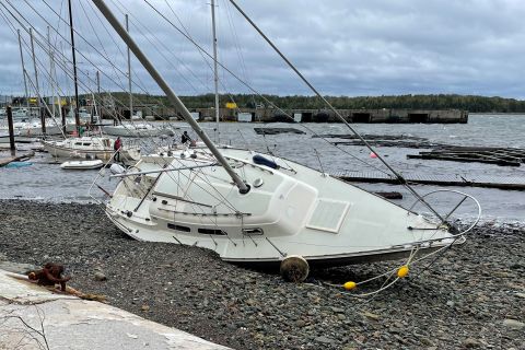 A sailboat lying on the beach on Saturday in Sherwater, Nova Scotia.