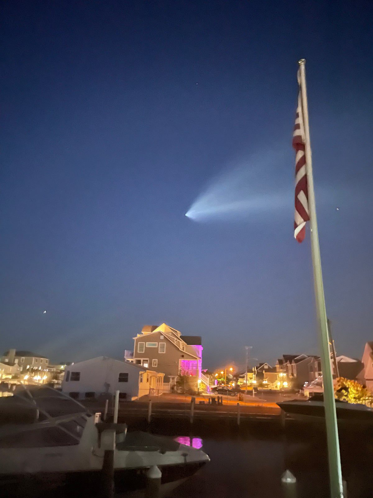 A SpaceX Falcon 9 rocket's vapor trail over the Toms River.  Image courtesy of News 12 viewer pair New Jersey viewer Michelle Arusha.