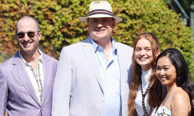 From left: Darren Aronofsky, Brendan Fraser, Sadie Sink and Hong Chau in Venice on Sunday
