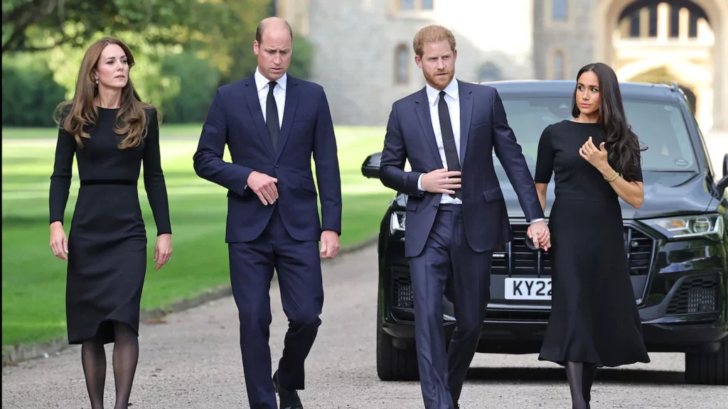 Princes William and Harry with Catherine and Meghan greet mourners
