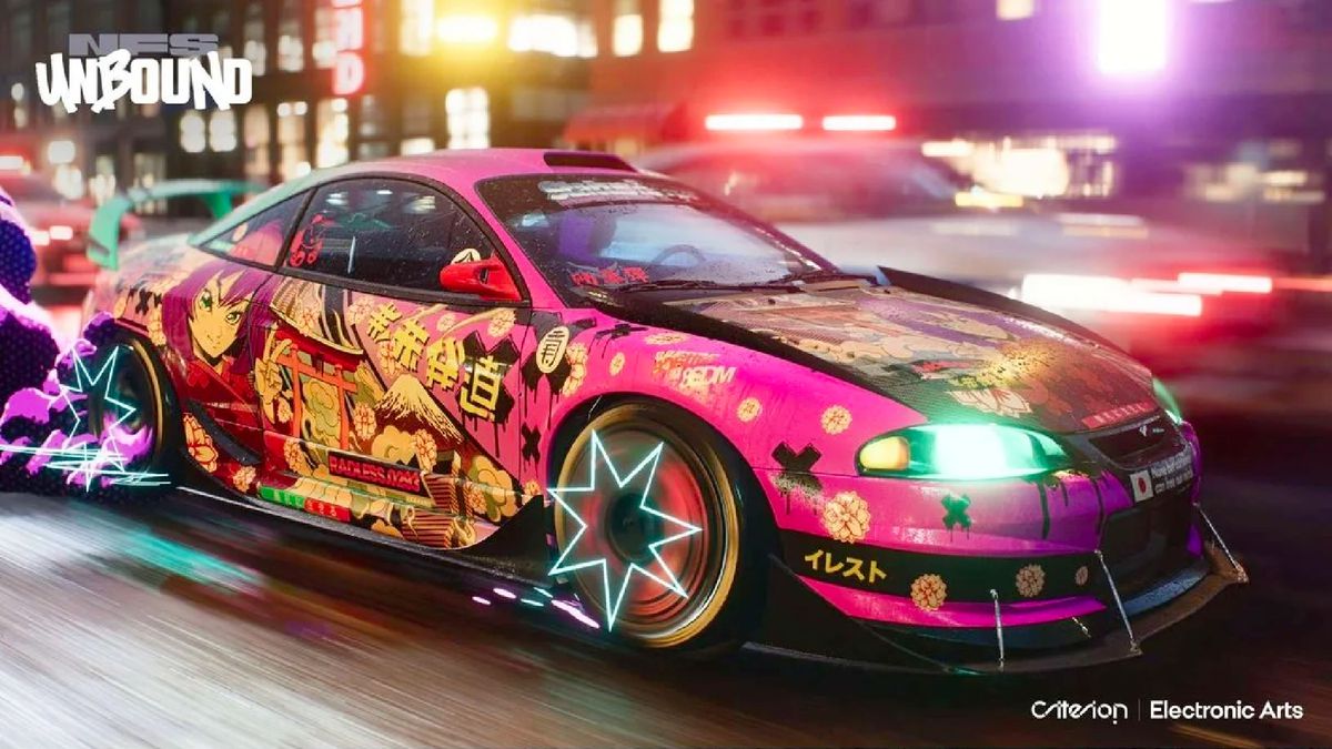 Promotional screenshot of Need For Speed ​​Unbound shows a street racer on a blurry background, with hand-drawn star shapes atop their spinning wheels