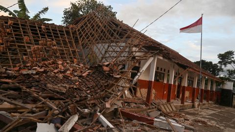 The collapsed Cianjur School building in the aftermath of the earthquake.