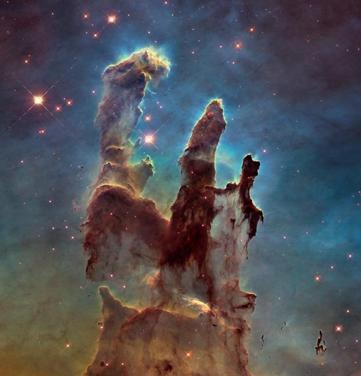 The Eagle Nebula: Pillars of Creation, a veil of dust and gas forming stars against a cosmic blue-purple and green background