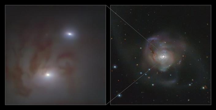 This image shows close (left) and wide (right) views of the nuclei of two bright galaxies, each containing a supermassive black hole, in NGC 7727, a galaxy located 89 million light-years from Earth in the constellation Aquarius.