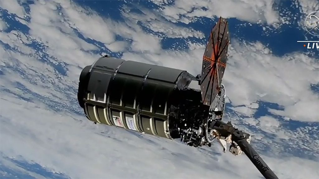 Cygnus cargo ship arrives at the space station with only one working solar panel