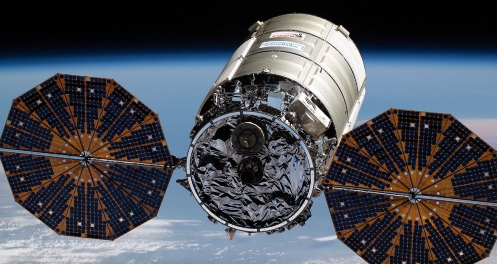 A previous Northrop Grumman Cygnus cargo craft approaches the International Space Station on Feb. 21, 2022.
