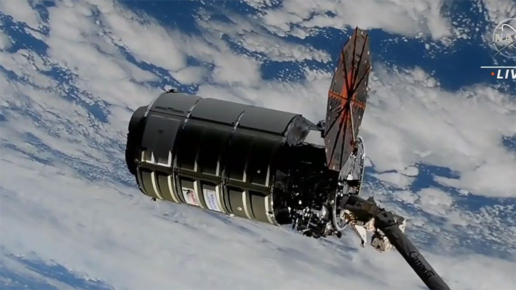 The Cygnus spacecraft arrives at the International Space Station with a single working solar array