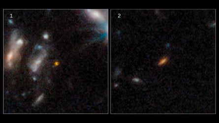 Side-by-side images of distant galaxies, appearing as reddish blurring ellipticals against the blackness of space
