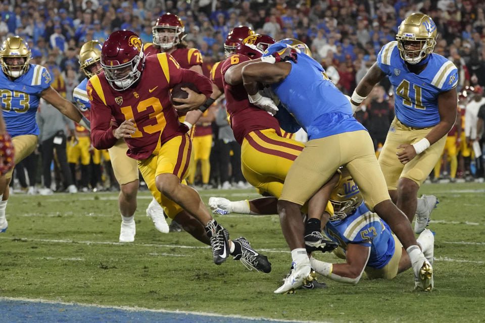 USC quarterback Caleb Williams (13) plays against UCLA on Saturday, Nov. 19, 2022, in Pasadena, Calif. (AP Photo/Mark J. Terrill)