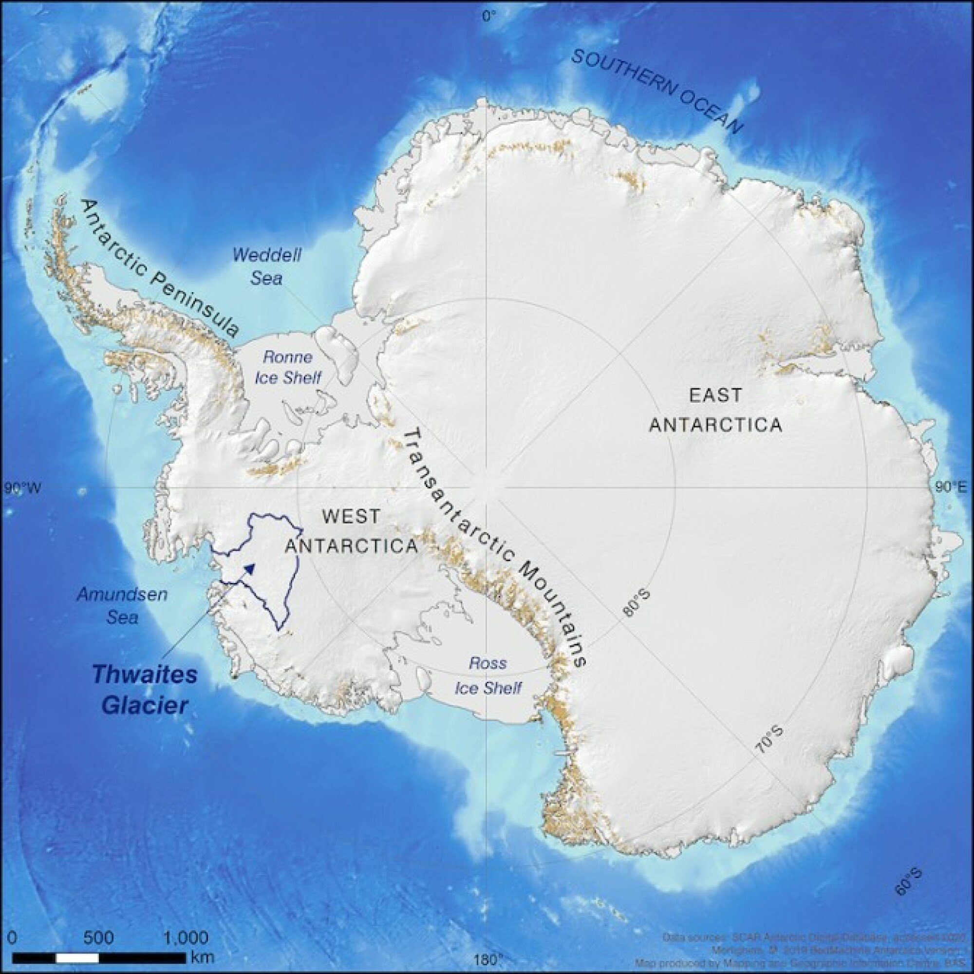 Map of Antarctica with Thwaites Glacier on the left