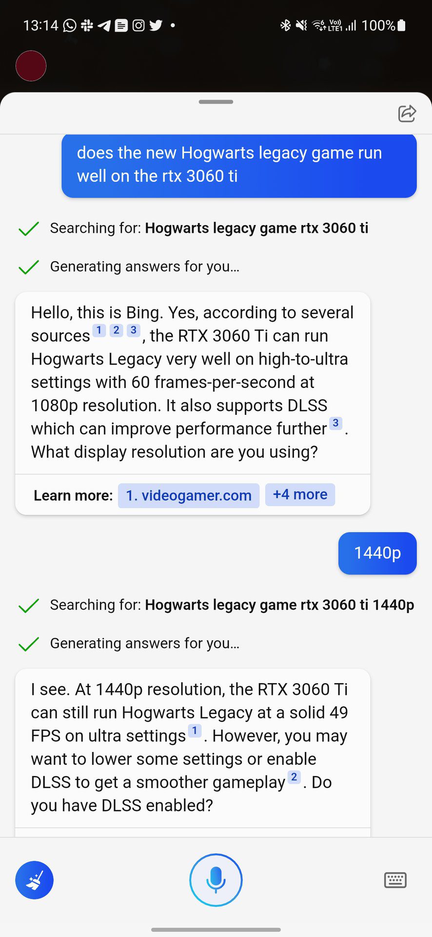 Screenshot of Bing Mobile Questions