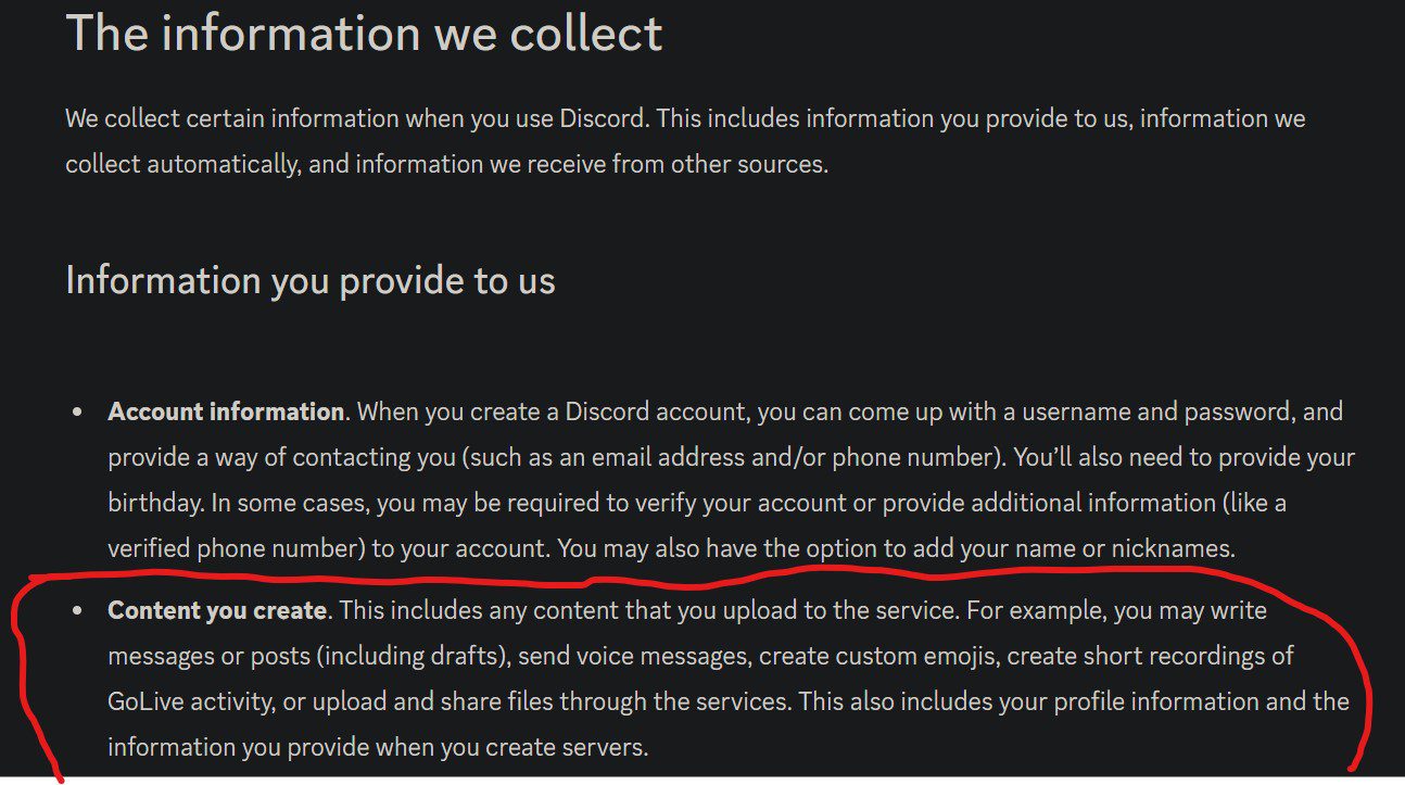 Screenshot of Discord's new privacy policy with a circled paragraph
