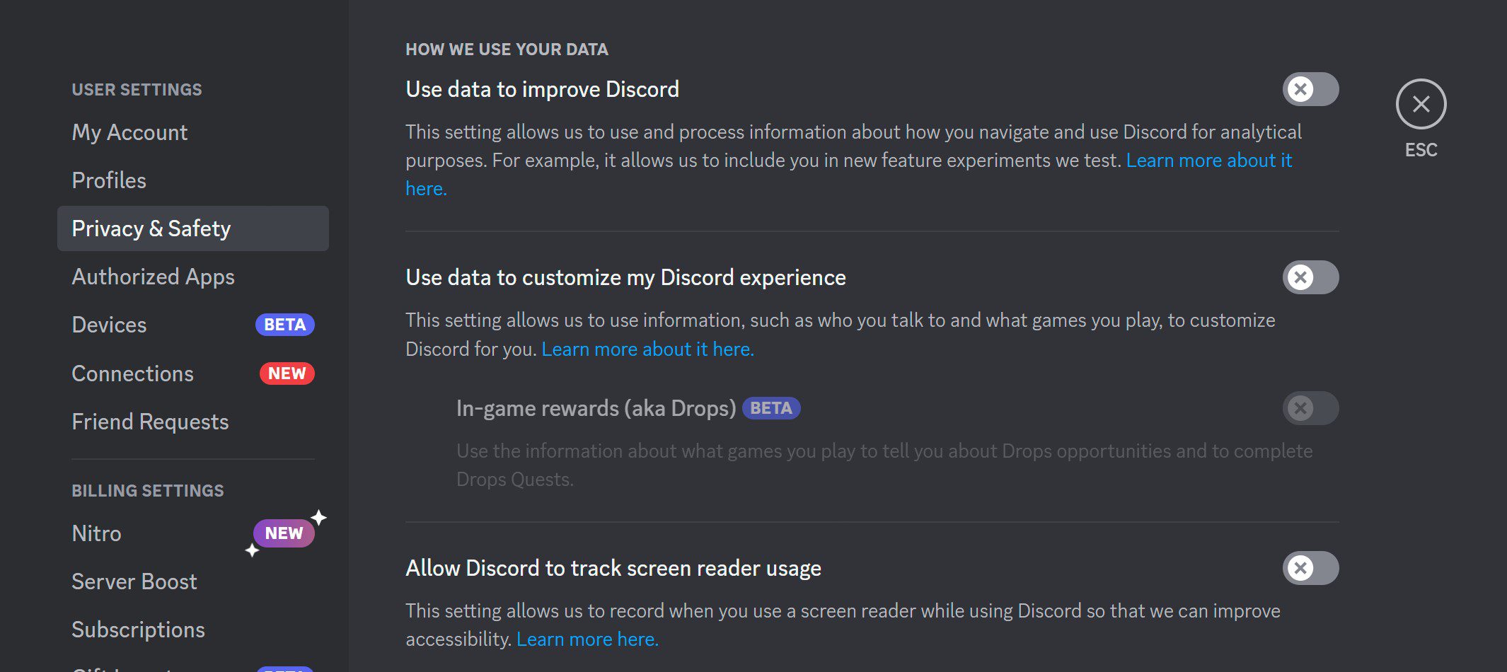 Screenshot of Discord privacy settings